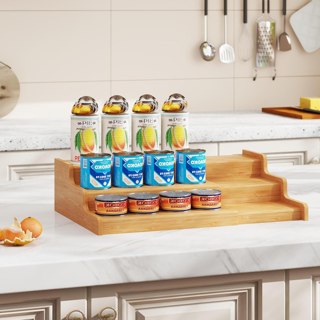 Organizador Expandible de Latas de Bambú para Despensa, Soporte de Almacenamiento de Latas de 3 Estantes Ajustables, Organizador de Refrescos que Sostiene hasta 24 Latas, Exhibidor de Alimentos en Latas para Despensa, Gabinete, Encimac (patente pendiente)