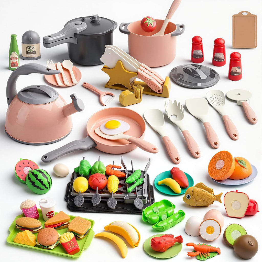 105 piezas de accesorios de juguete de cocina para niños, juego de cocina de camping y barbacoa para niños pequeños, juego de ollas, sartenes, utensilios de cocina de juguete, juego de