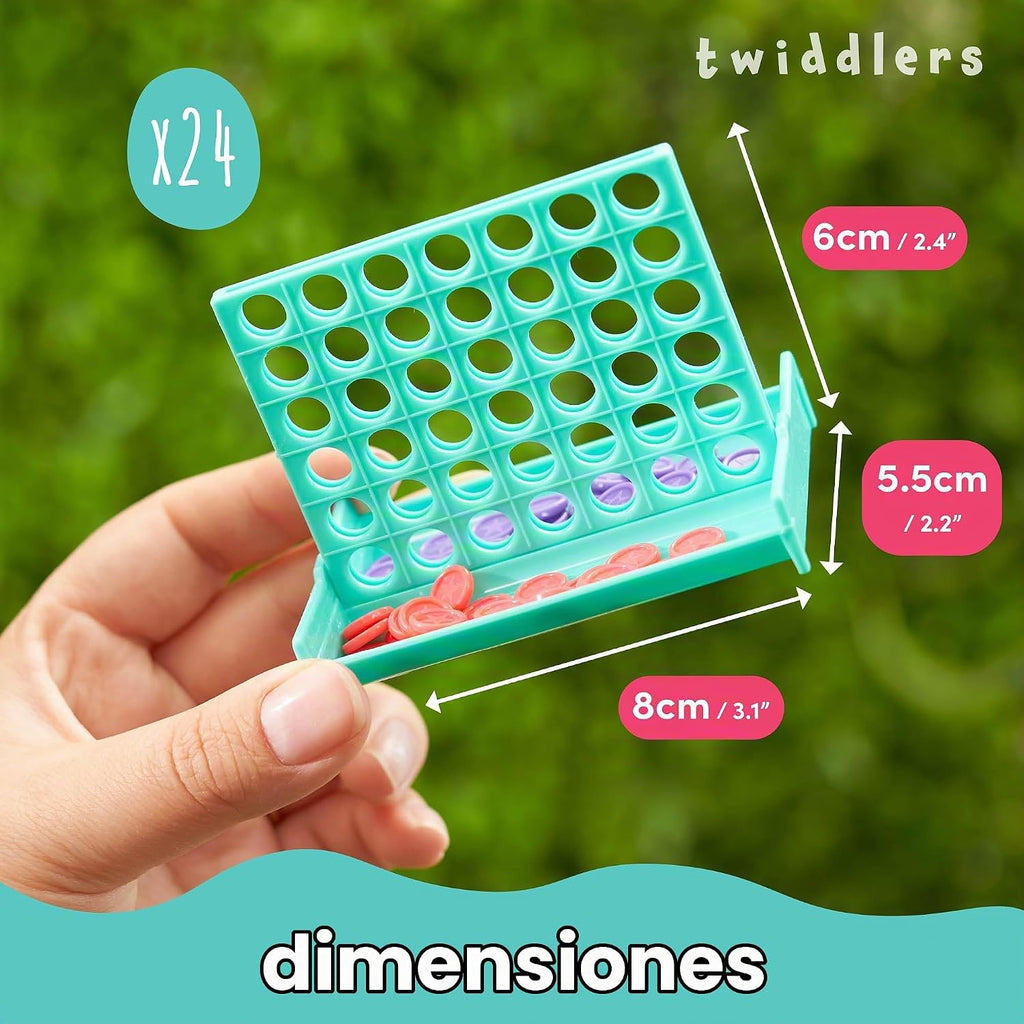 THE TWIDDLERS Paquete de 24 mini juegos de mesa cuatro en una fila, juguetes a granel (4 colores), regalos de regreso para niños para juegos de fiesta de cumpleaños, mini juegos de viaje para niños