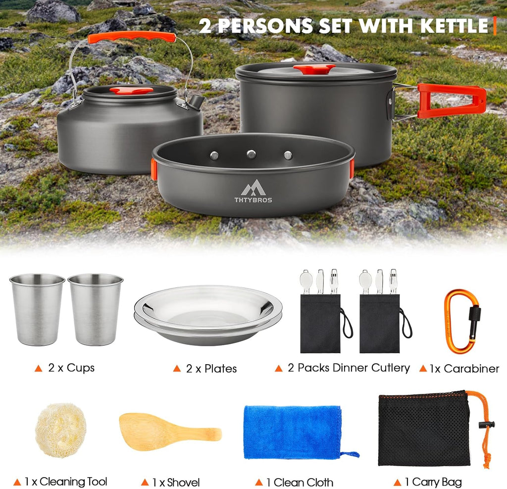 THTYBROS Kit de utensilios de cocina para acampar de 17 piezas, olla de 0.45 galones, sartén de 7 pulgadas, juego de hervidor de 0.30 galones con 2 juegos de tazas, platos, tenedores, cuchillos y