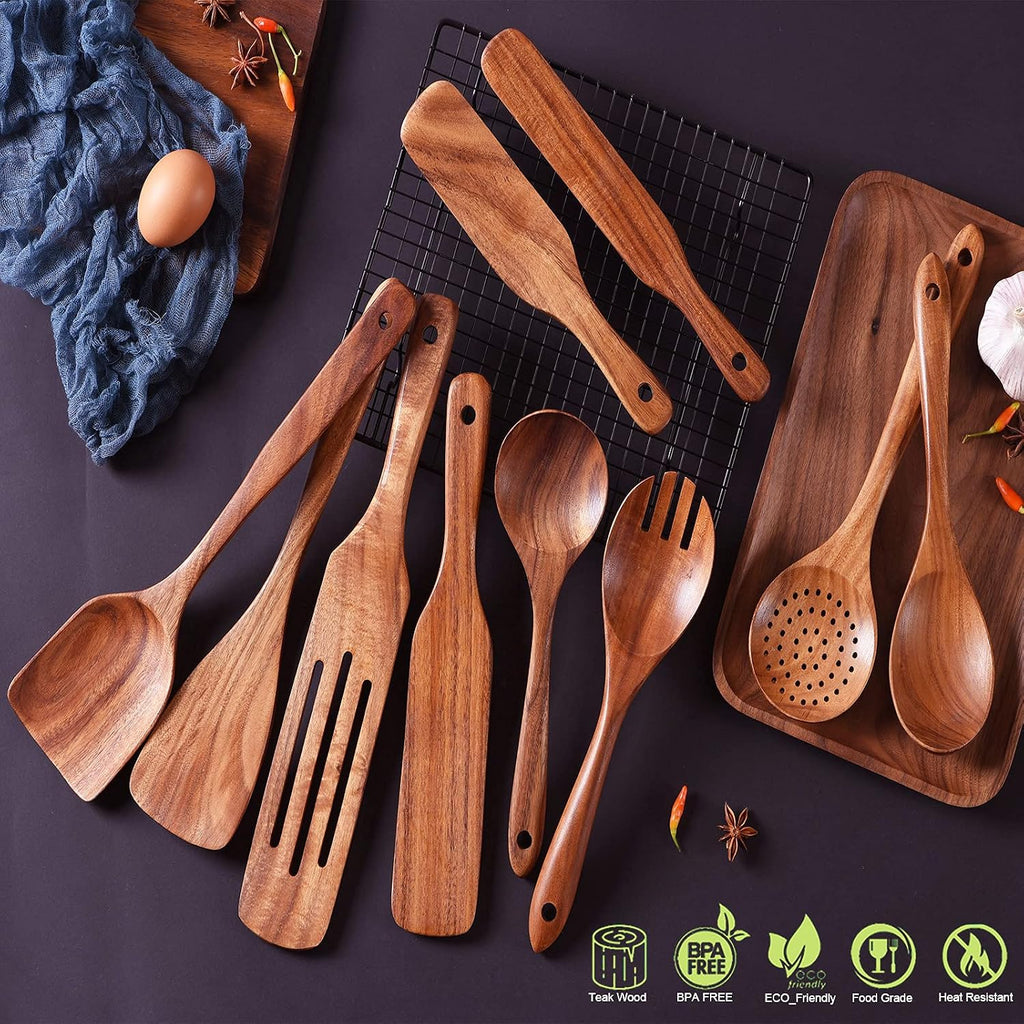 Cucharas de madera para cocinar, juego de 10 utensilios de cocina de madera, utensilios de cocina de madera para sartén antiadherente, juego de utensilios de madera de teca, herramientas de