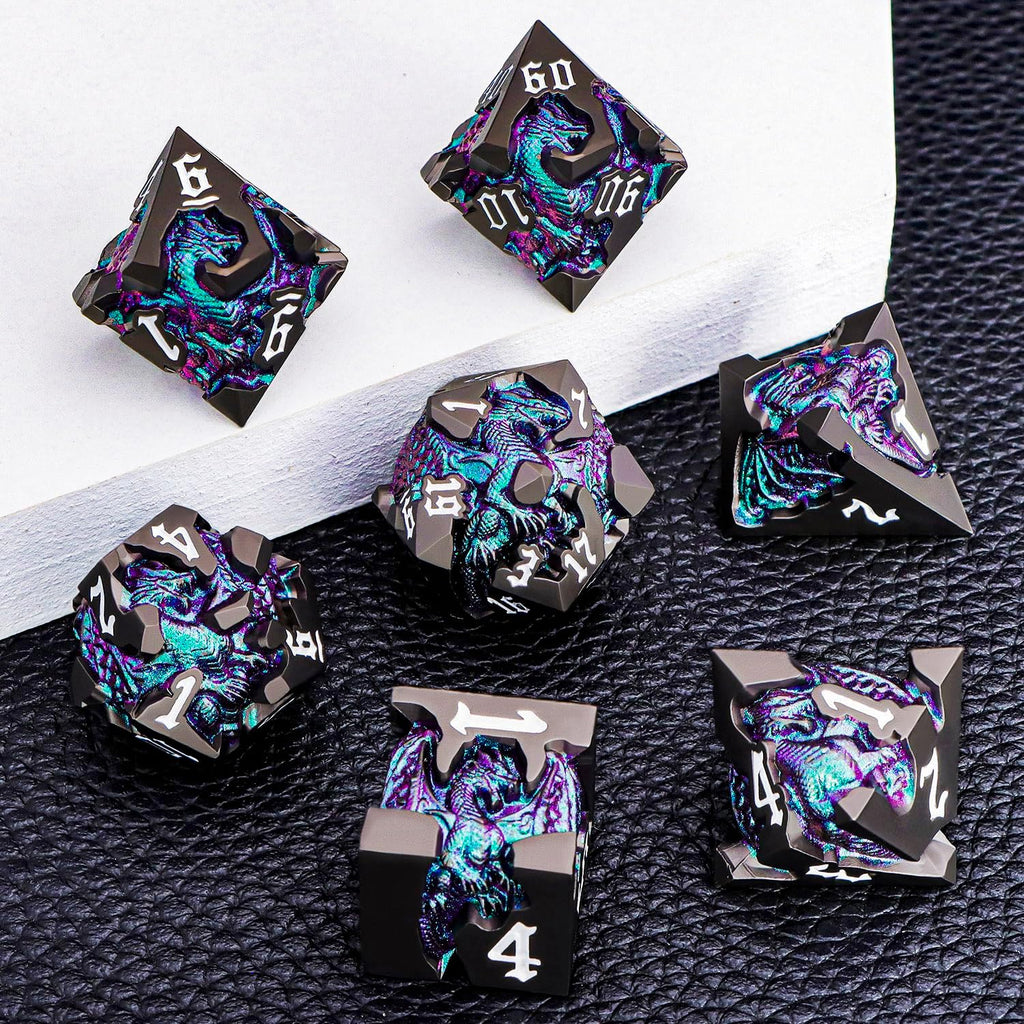 Juego de dados DND de dragones 3D con caja de regalo, dados D y D de metal para uso con juegos de rol D&D, juego de dados poliédricos de mazmorras D20 D12 D10 D8 D6 D4 (morado verde)