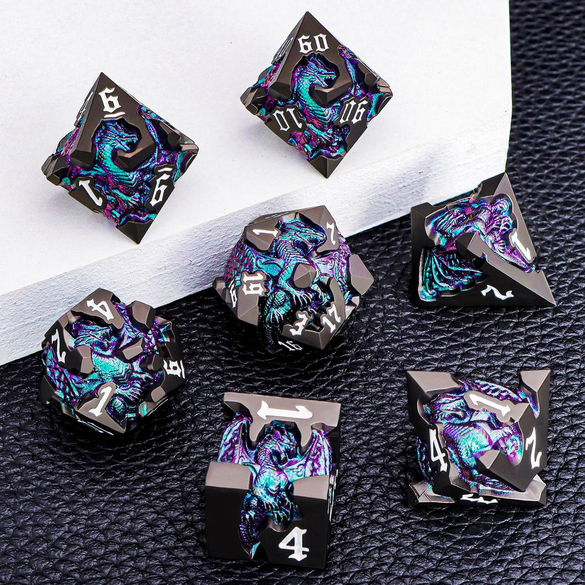 Juego de dados DND de dragones 3D con caja de regalo, dados D y D de metal para uso con juegos de rol D&D, juego de dados poliédricos de mazmorras D20 D12 D10 D8 D6 D4 (morado verde)
