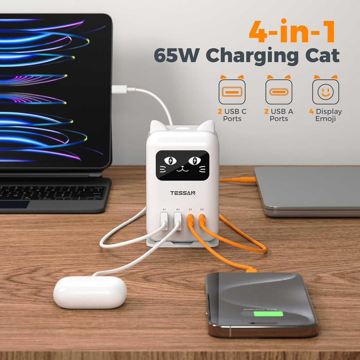 USB C Cargador Bloque PD 65W, Estación de Carga TESSAN para Múltiples Dispositivos