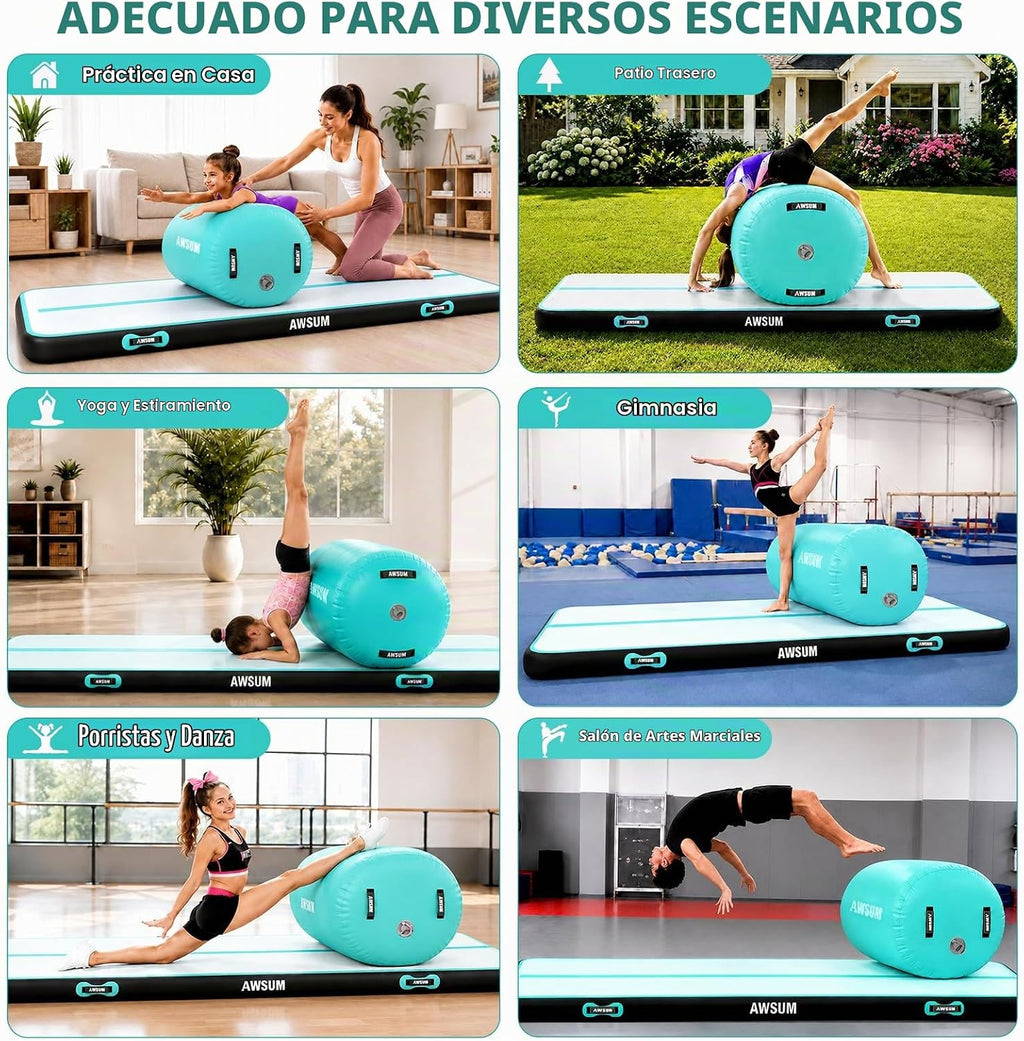 AWSUM Colchoneta de Gimnasia de 10 pies/13 pies con Rodillo de Aire Barril de Volteretas Entrenador de Salto Mortal hacia Atrás y Flexión hacia Atrás para Equipo de Trampolín de Gimnasia Inflable y