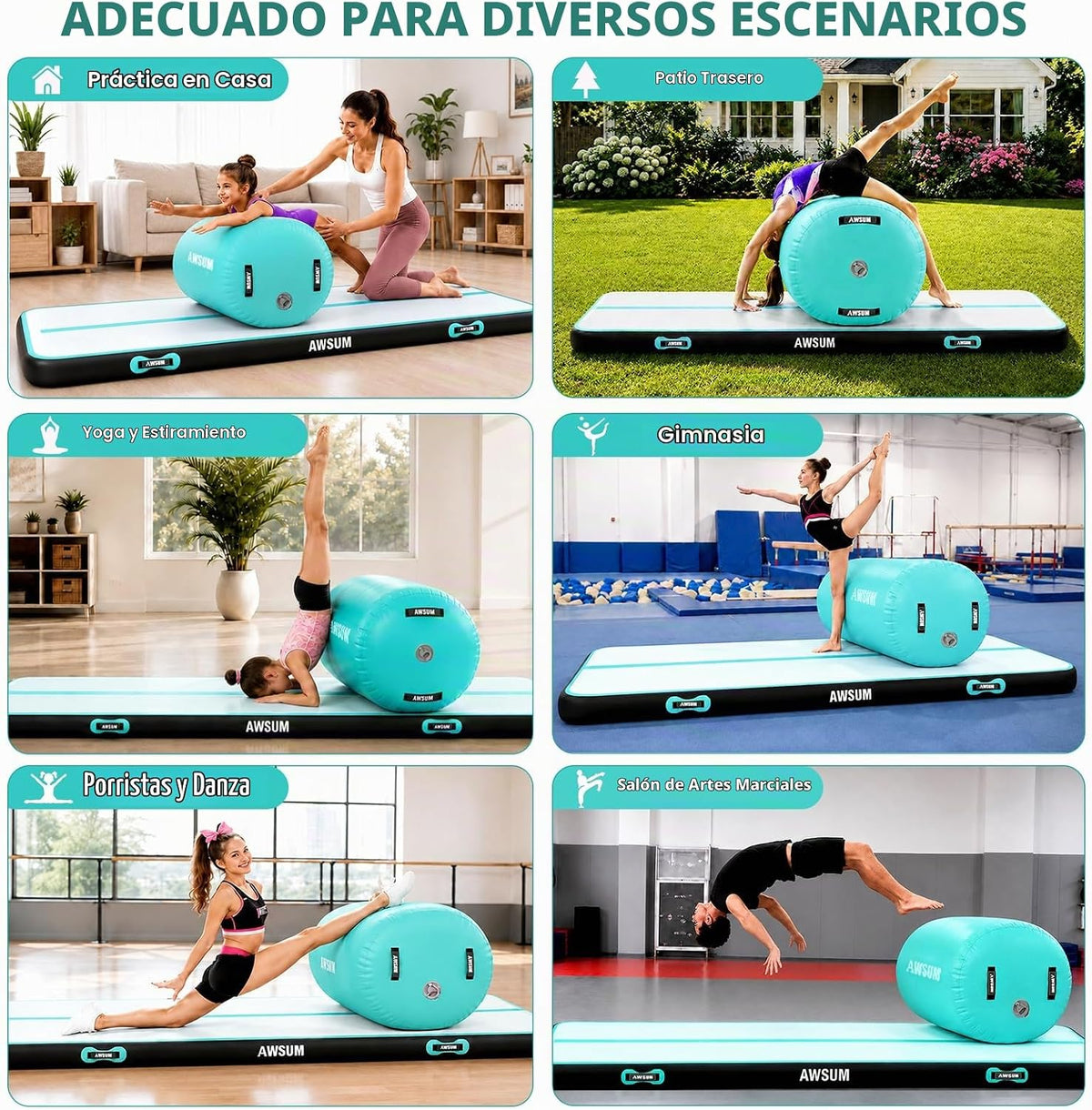 AWSUM Colchoneta de Gimnasia de 10 pies/13 pies con Rodillo de Aire Barril de Volteretas Entrenador de Salto Mortal hacia Atrás y Flexión hacia Atrás para Equipo de Trampolín de Gimnasia Inflable y