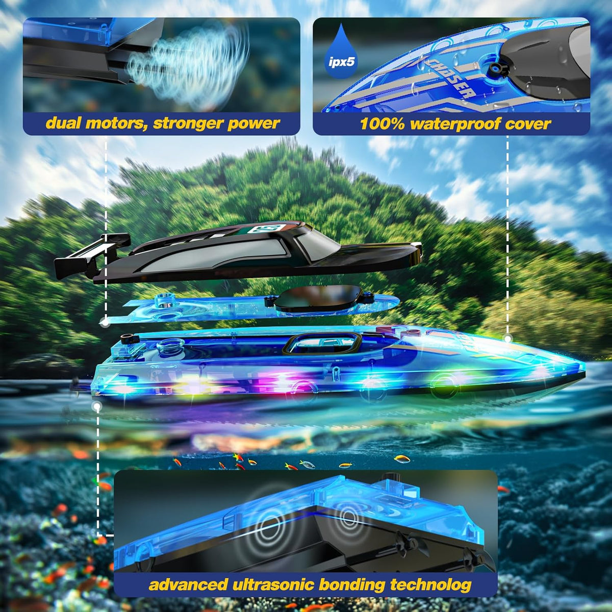 JOI MEW Barco a control remoto para niños con luces LED, barcos de...