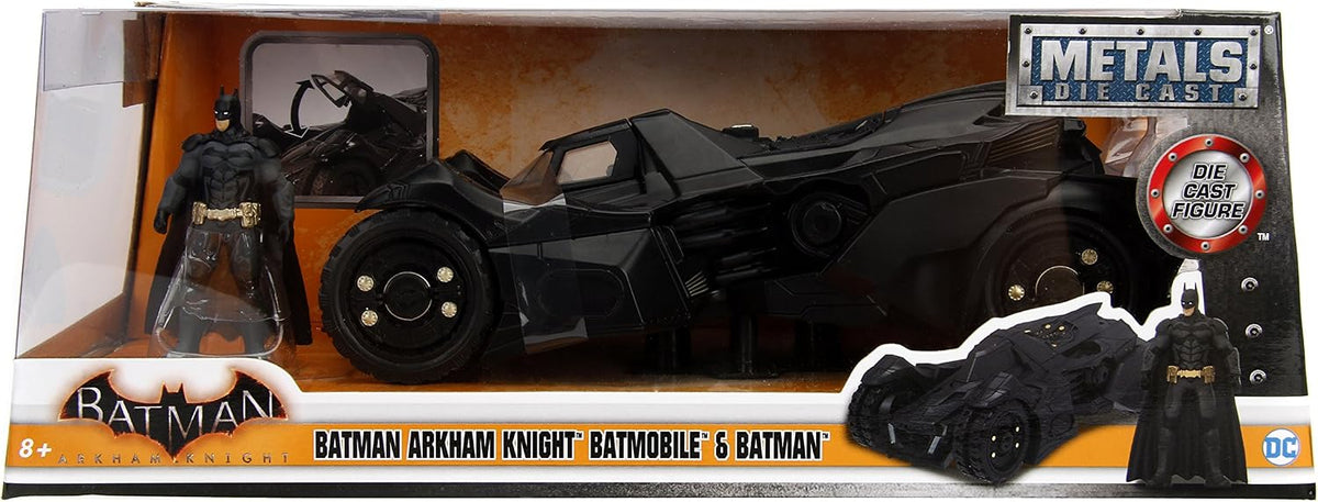 Jada DC Comics Batman 2015 Arkham Knight Batmobile y figura metálica Batman Vehículo coleccionable fundido a presión, negro, escala 1:24