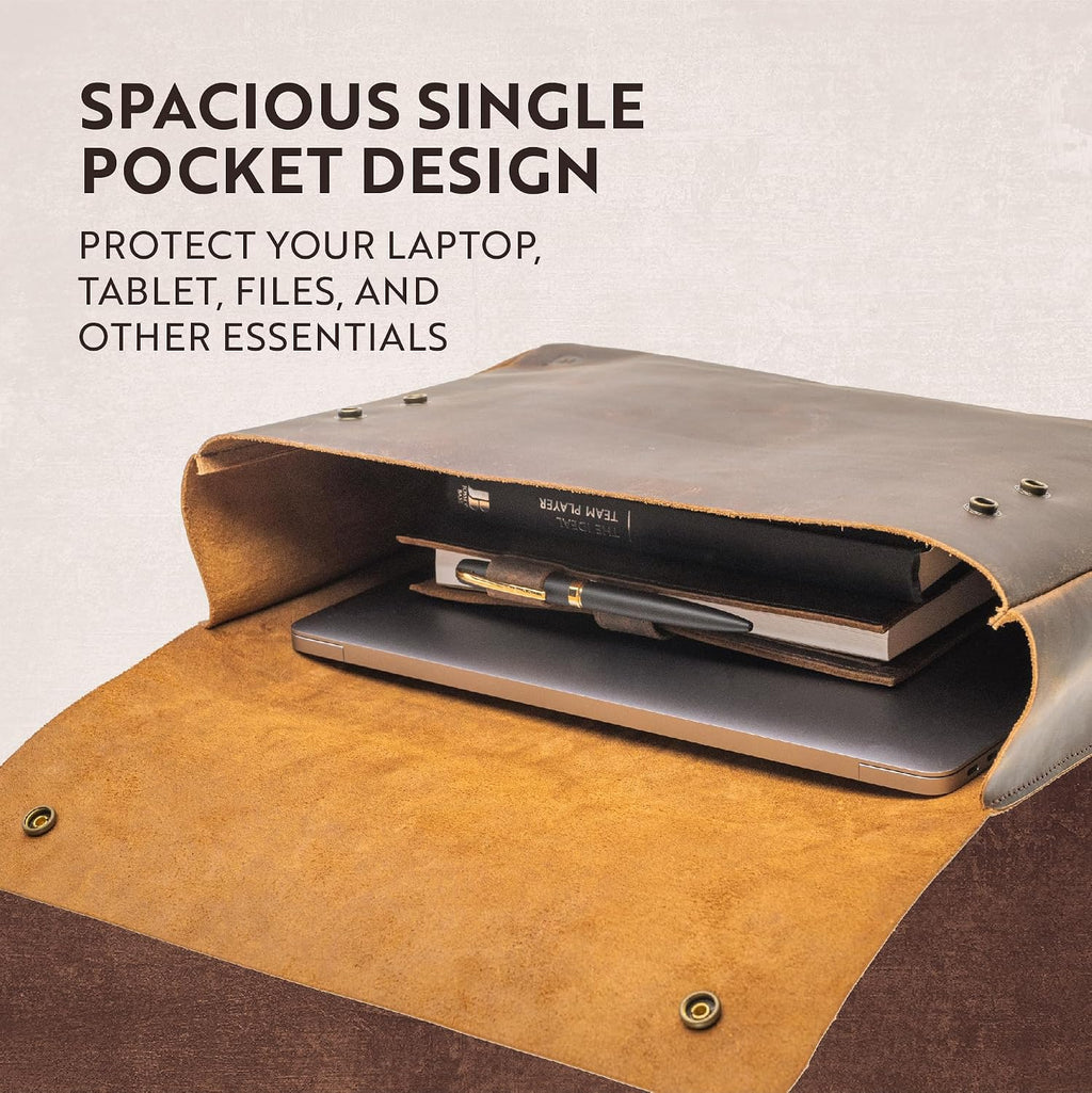 MOONSTER® - Bolsa de cuero para computadora portátil, funda de cartera, espaciosa, hecha a mano con diseño sin tirantes de cuero de búfalo de grano completo, perfecto para laptops, MacBook y tabletas de 13 pulgadas, 14 pulgadas y 15 pulgadas