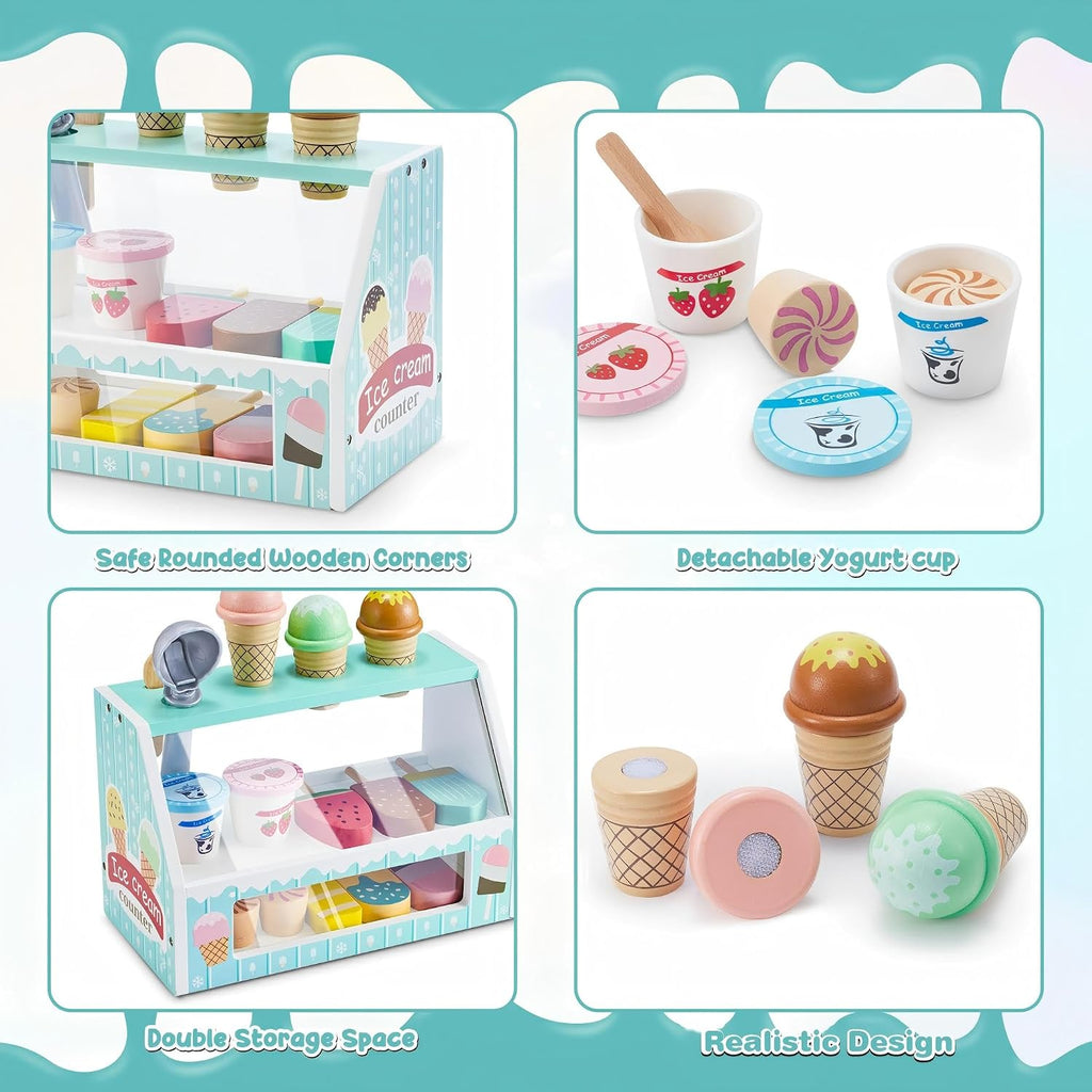 Juego de mesa de madera para contador de helados para niñas pequeñas, Play Store, juguete de simulación, accesorios de cocina con dinero y moneda falsos, regalos de cumpleaños de Navidad para niños de más de 3 años (verde)