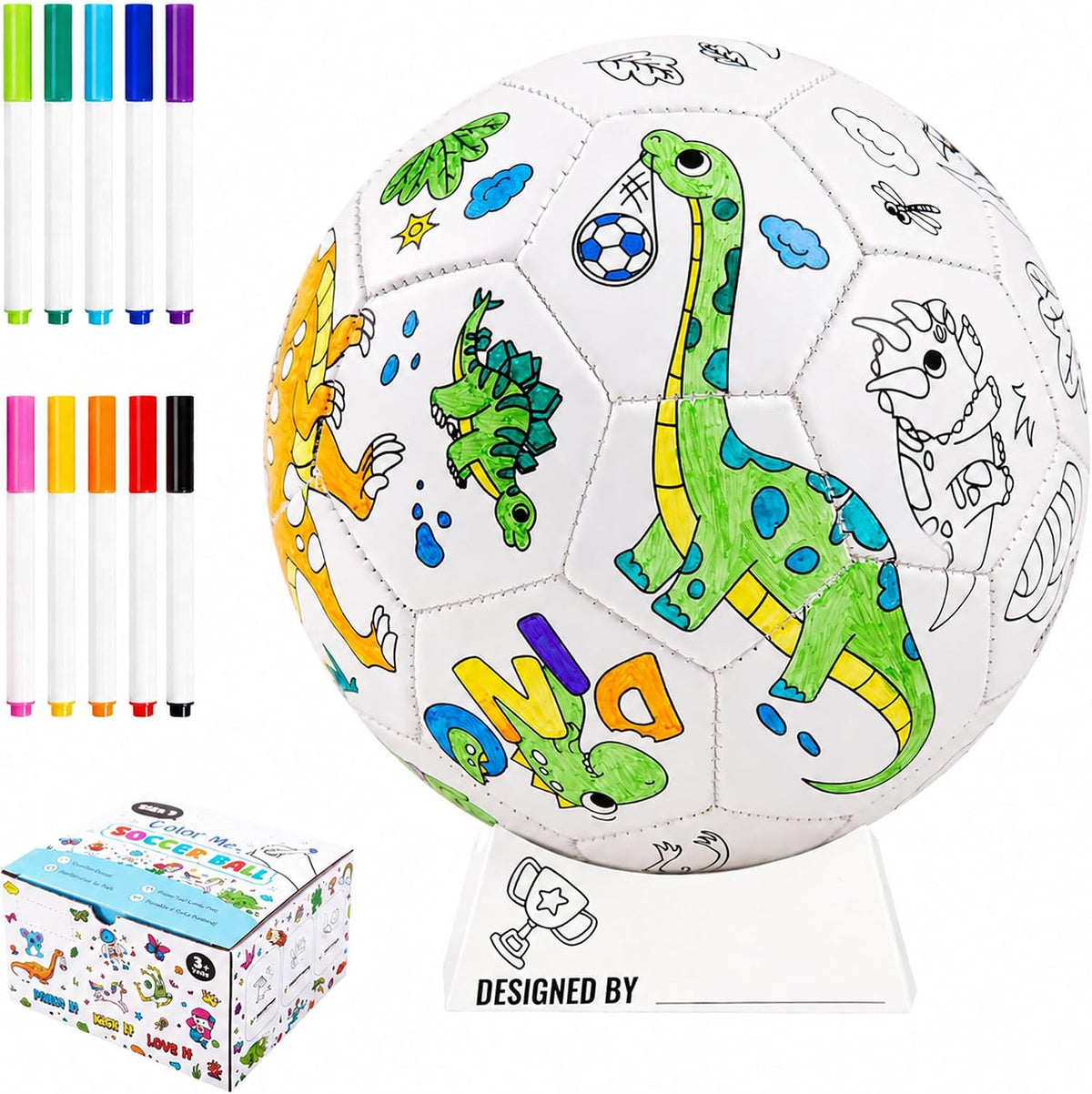 Colorea tu propia pelota de fútbol tamaño 3 para niños de 3 a 8 años – Kit de manualidades y manualidades de dinosaurio pintable con marcadores, juguete de fútbol personalizado para niños y