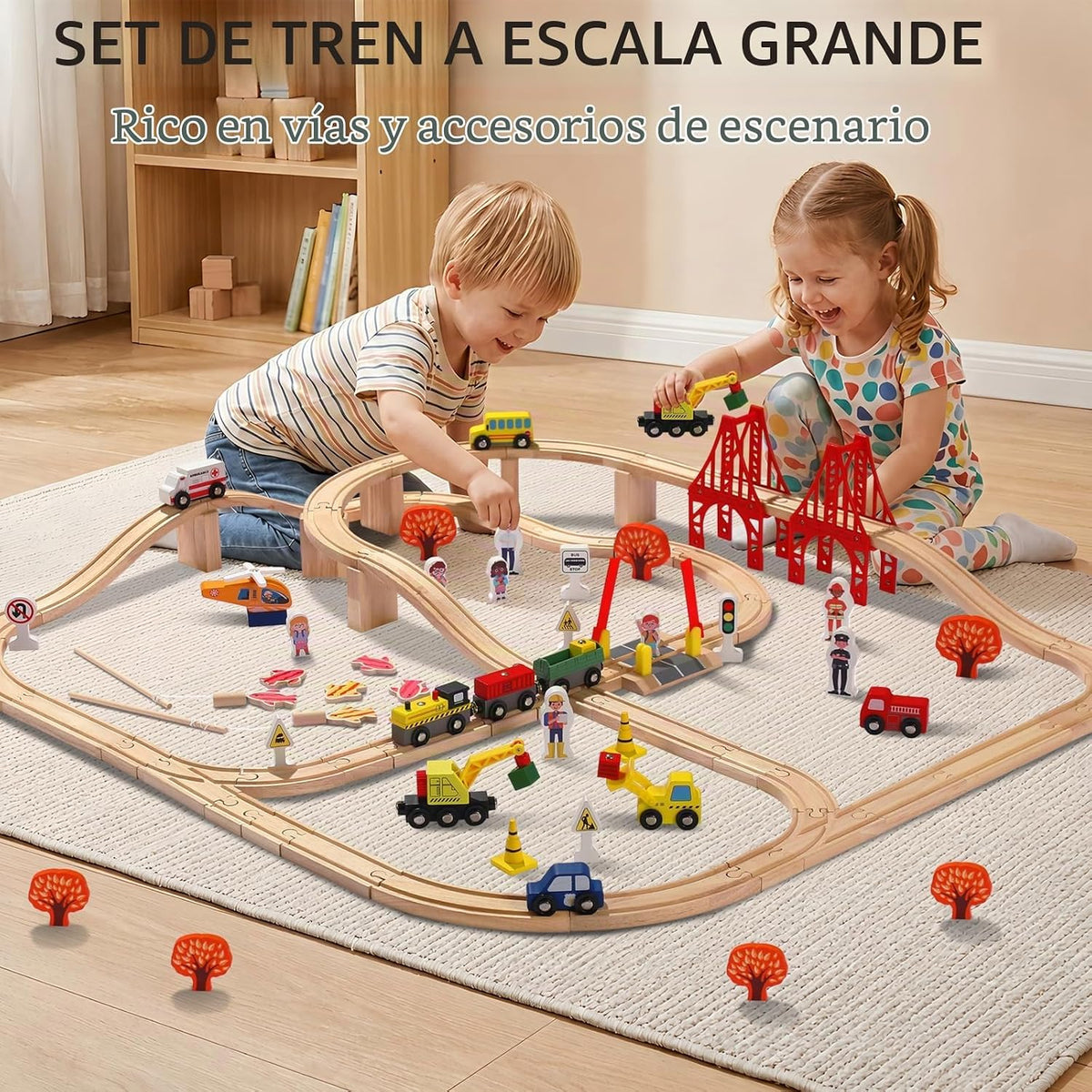 Juego de 100 pistas de tren de madera, tren de juguete con pistas para niños de 3 a 10 años, compatible con las principales marcas, juego de ferrocarril para niños y niñas, regalo de cumpleaños