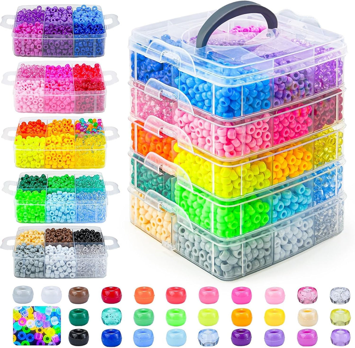 Gionlion Más de 6000 cuentas de poni en 30 colores surtidos, incluye cuentas que brillan en la oscuridad, cuentas Kandi para hacer joyas, pulsera de la amistad, cuentas de pelo de 0.236 x 0.315 pulgadas para trenzas en embalaje resistente a los golpes