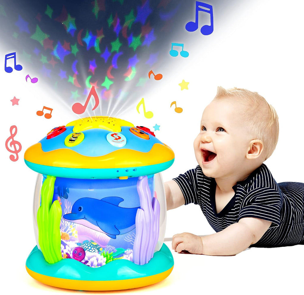 Juguetes musicales con luz para el tiempo de barriga, juguete de proyector giratorio de océano para niño y niña