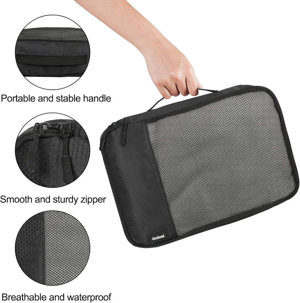 Cubos de embalaje para viajes, 4 cubos de embalaje para maletas, bolsa organizadora de equipaje de malla ligera con doble cremallera, color negro