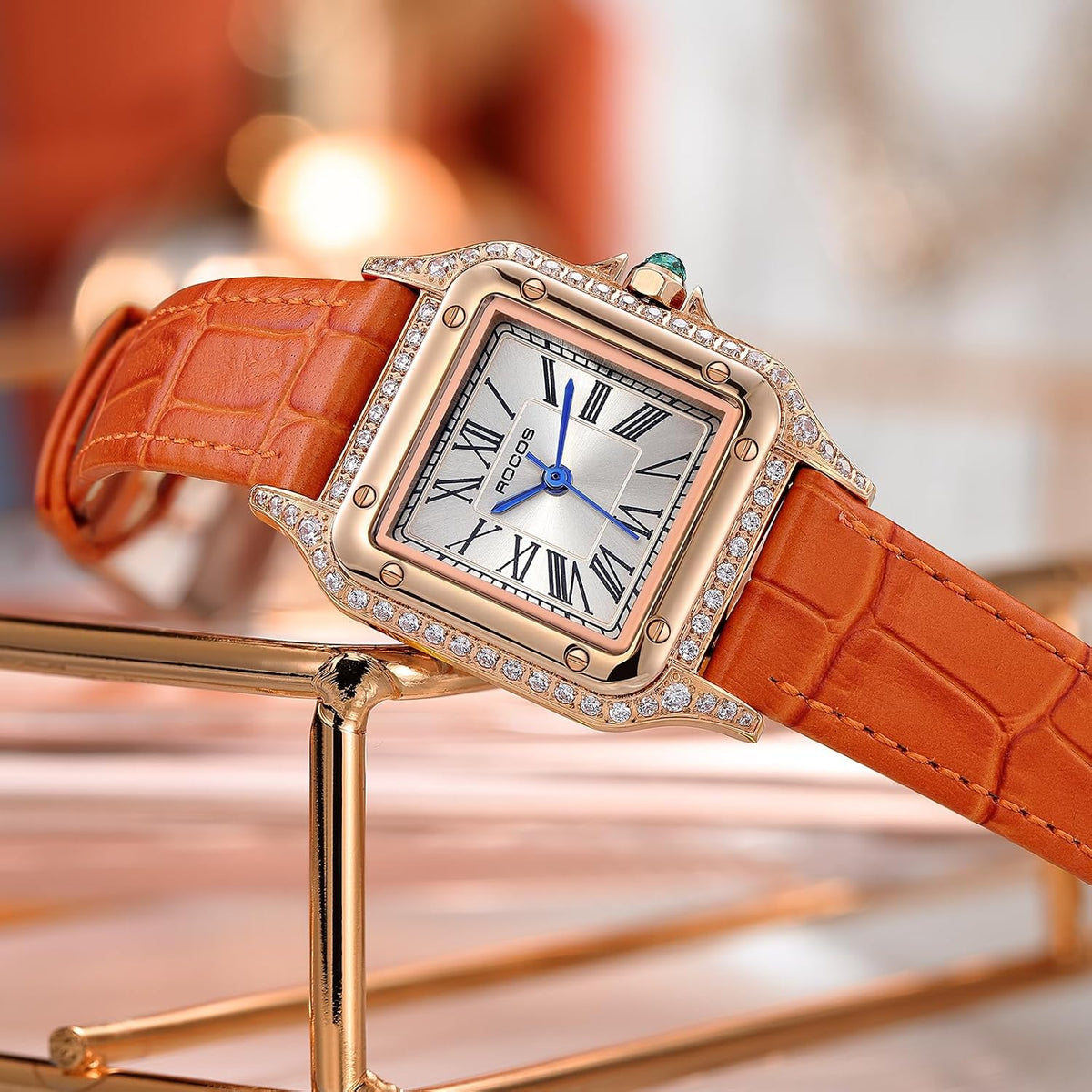 ROCOSJEWE Reloj de lujo naranja para mujer, reloj de vestir cuadrado vintage elegante con bisel de cristal, correa de cuero rosa dorado, analógico, resistente al agua 30m, reloj de pulsera para mujer
