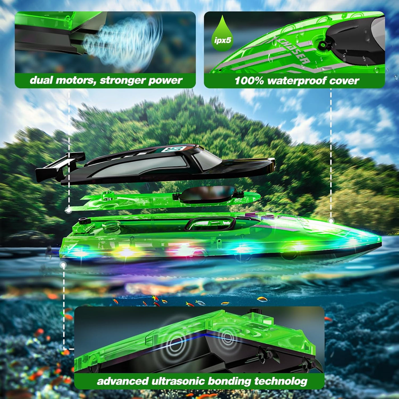 JOI MEW Barco RC con luces LED para niños, barcos de carreras de co...