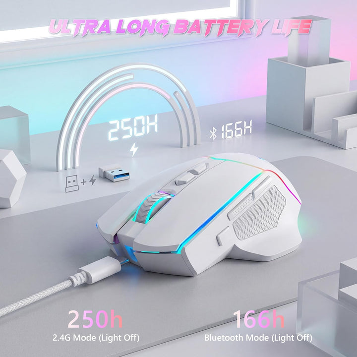 Redragon M814W - Ratón inalámbrico para juegos, trimodo 2.4G\/Bluet...