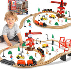 TOY Life Wooden Train Set con Crane, 81-Pc Track, Boys 3-8