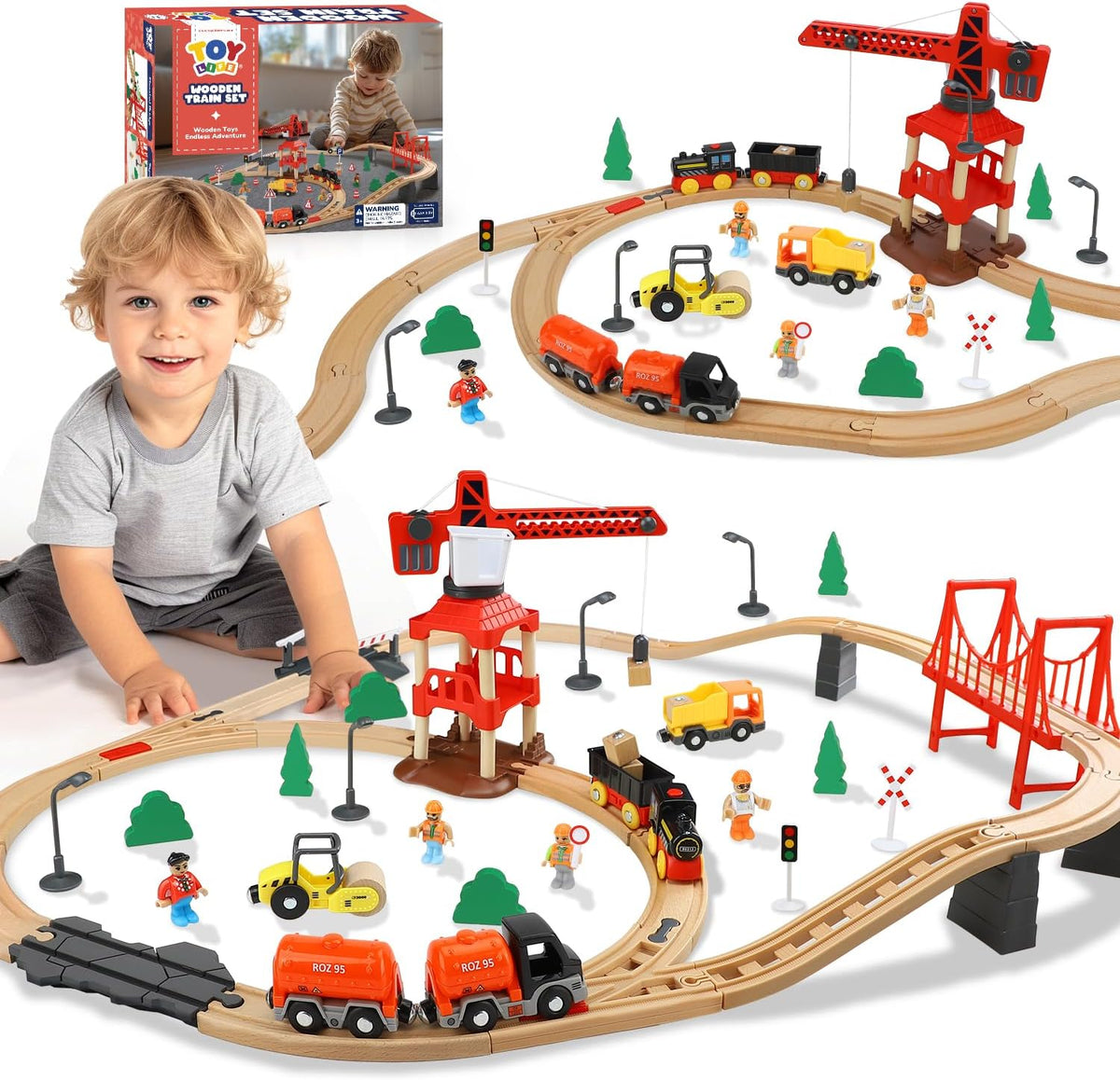 TOY Life Wooden Train Set con Crane, 81-Pc Track, Boys 3-8