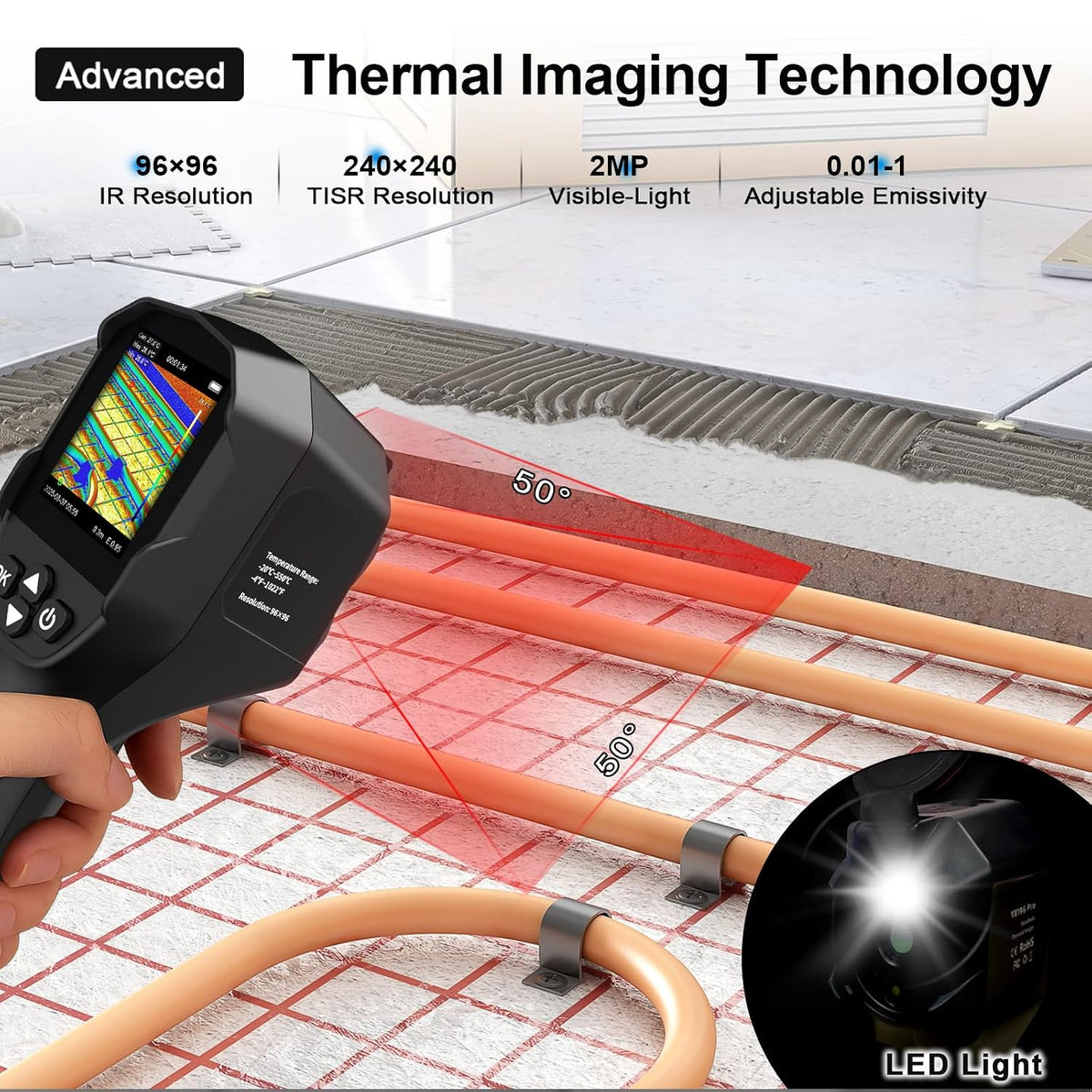 Pistola de cámara de imágenes térmicas, termómetro infrarrojo AIOMEST con resolución TISR de 240 × 240, detecta calor de temperatura de -4 °F a 1022 °F para HVAC, inspección del hogar, electricidad, comprobación de fugas de agua/aire