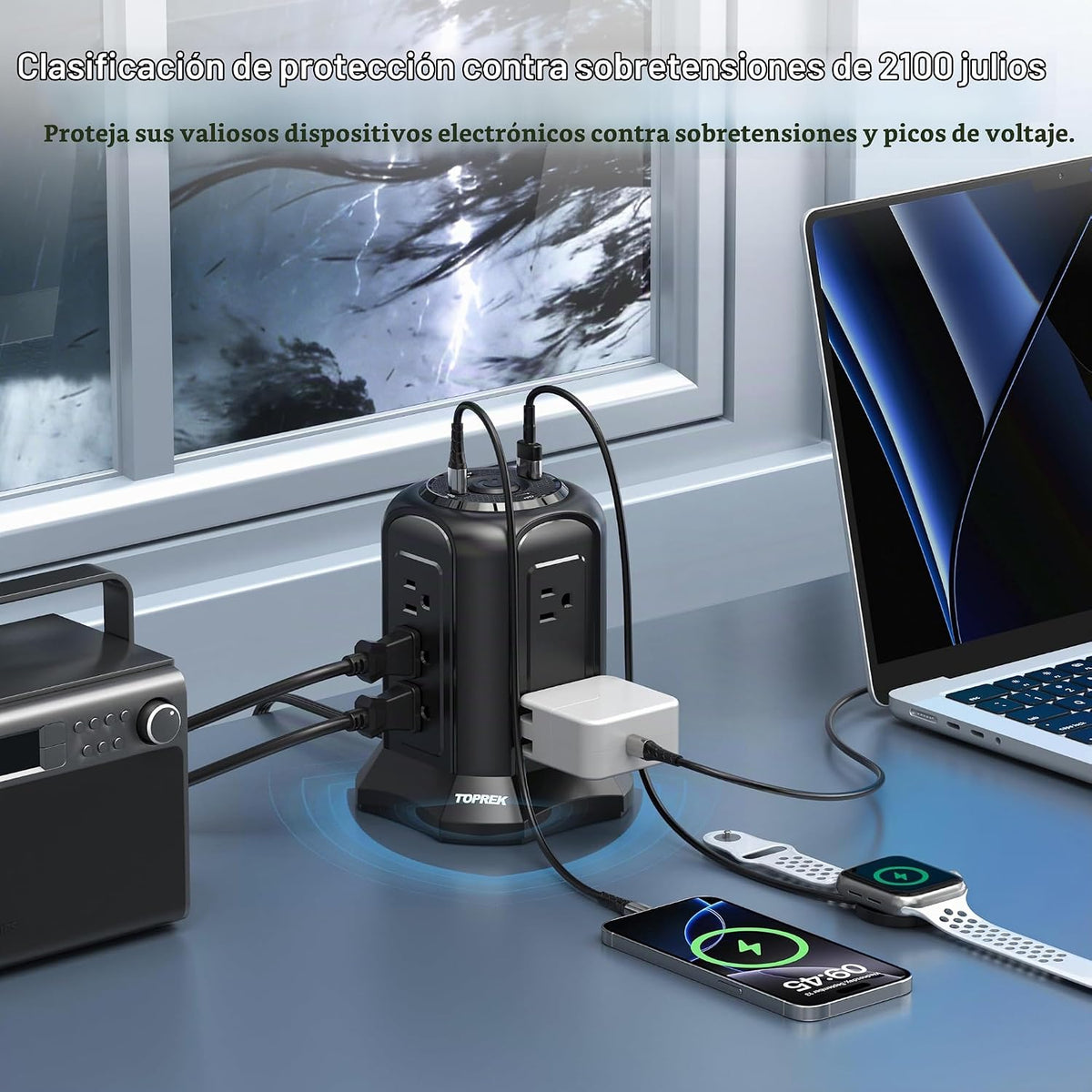 Regleta protectora contra sobretensiones de torre 2100J - 10 tomacorrientes, 2 USB-C (20 W PD), 2 USB-A, cable de extensión de enchufe plano de 6.5 pies para oficina en casa, dormitorio, escritorio