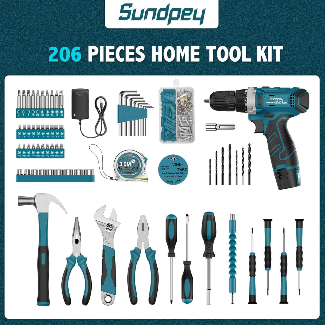 Kit de herramientas Sundpey 206 piezas con taladro - Juego de talad...