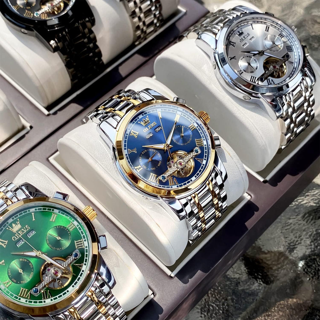 OLEVS Reloj automático para hombres, de cuerda automática, acero inoxidable, reloj para hombres