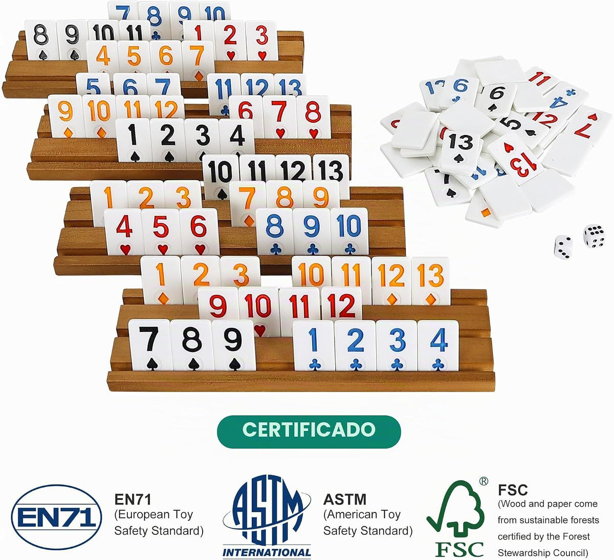 Juego de cubo Rummy con traje de póquer, juego de Rummy portátil incluye caja de madera, 4 estantes de madera, 106 fichas grandes de números, juegos de mesa clásicos para 2-4 jugadores, regalo