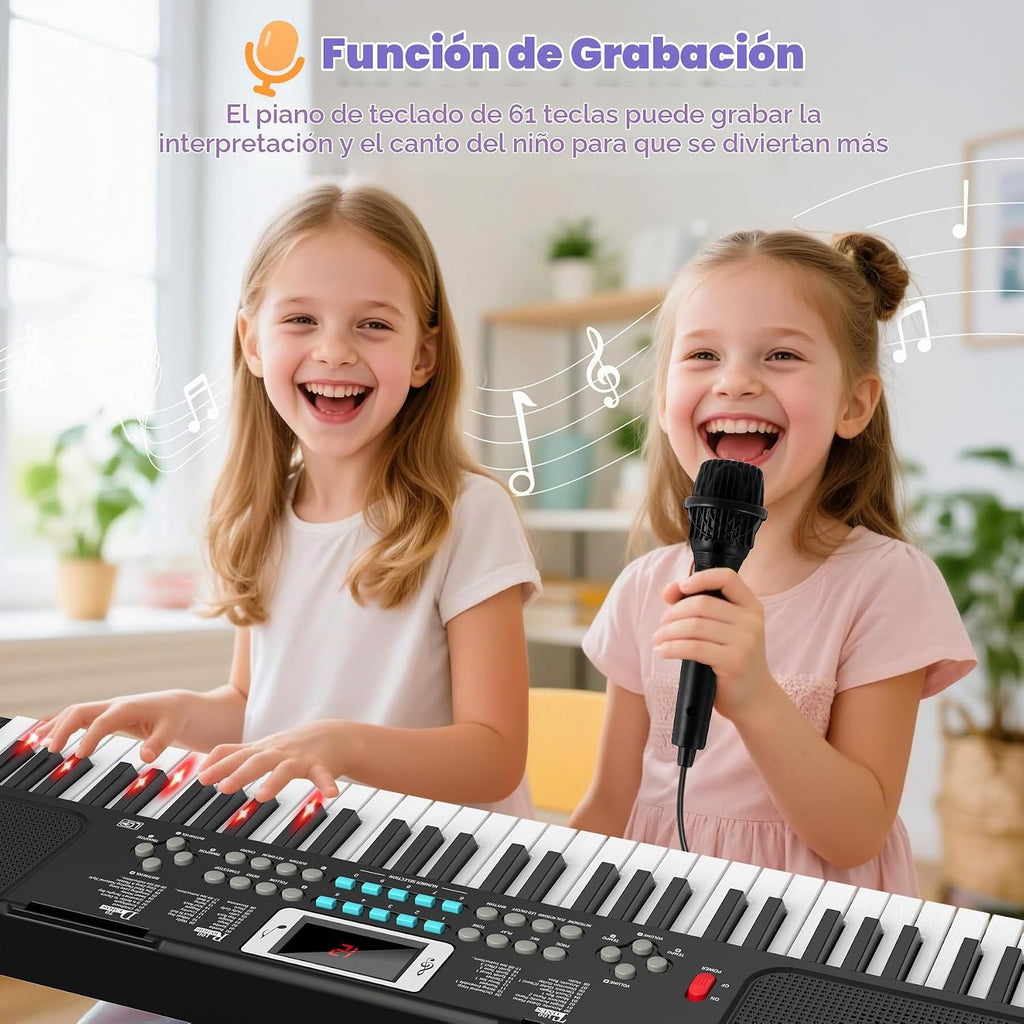 Teclado de piano para niños de 61 teclas con teclas iluminadas, modo de enseñanza, altavoz dual