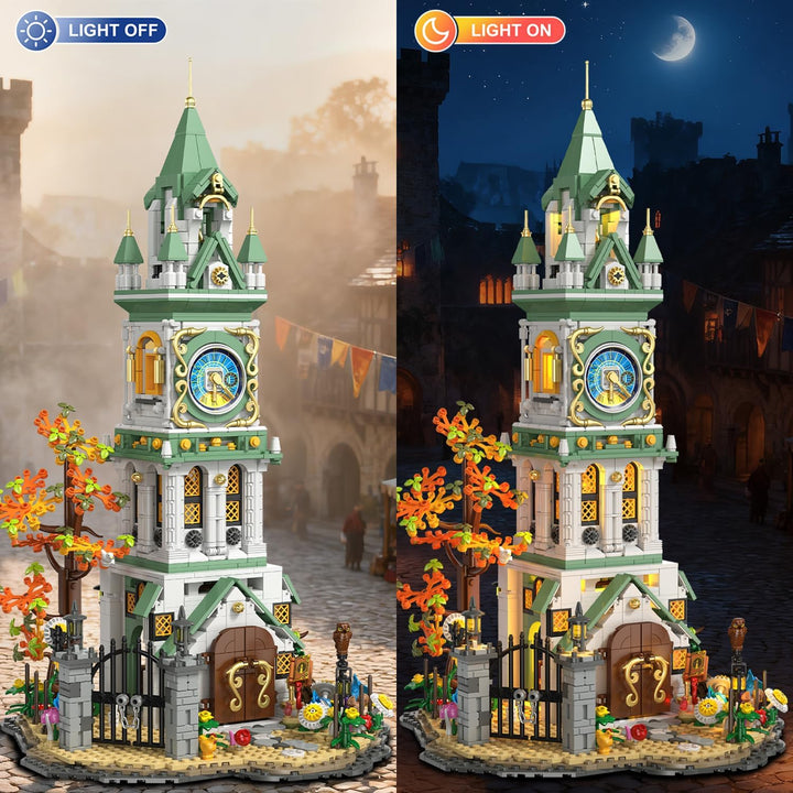 Juego de construcción de torre de reloj mágico con luz