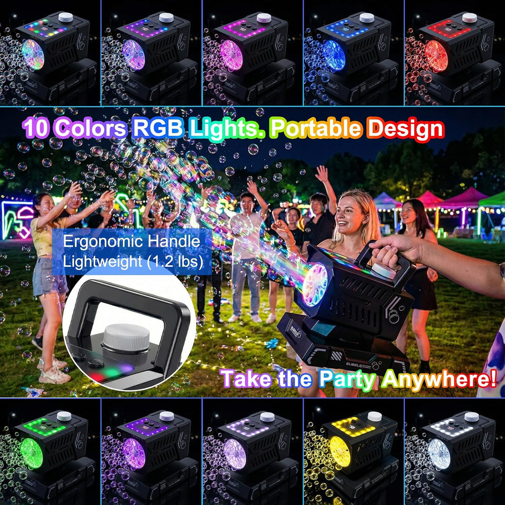 Máquina de burbujas recargable con control remoto, luces RGB y rotación automática