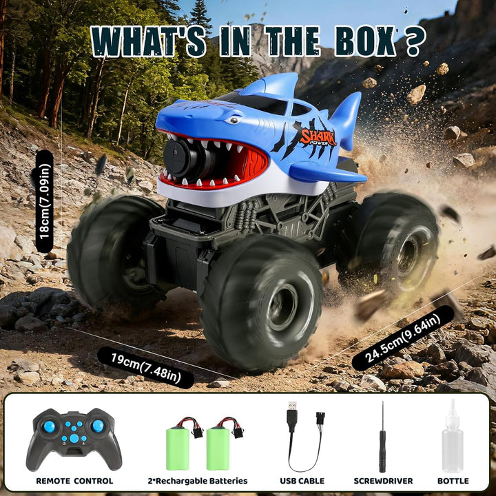 BOBXIN Camión monstruo de tiburón con control remoto anfibio, 4WD t...