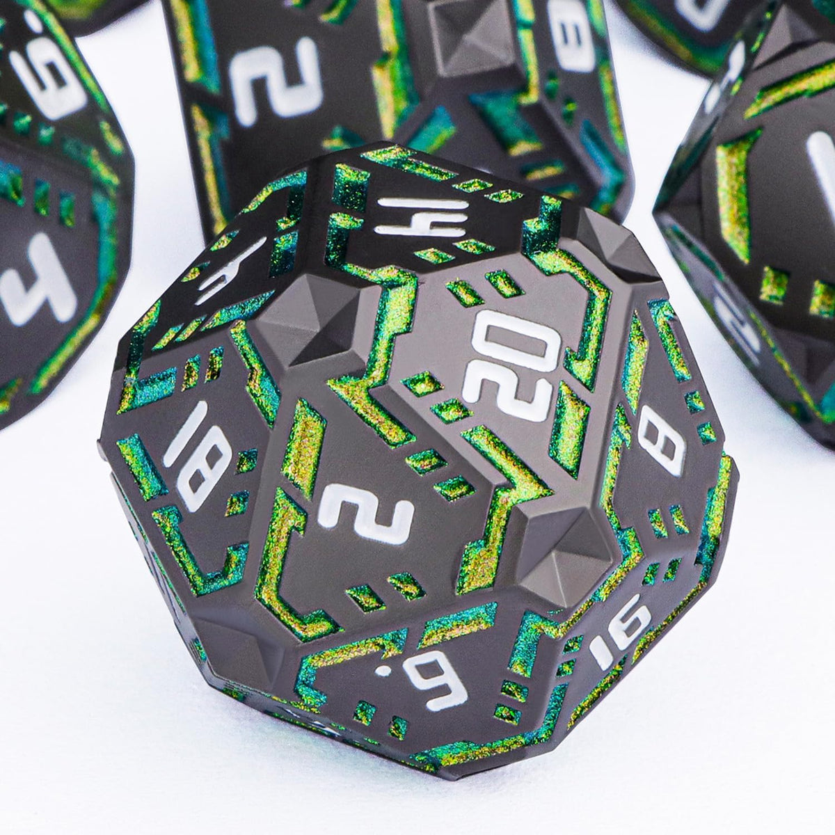 Juego de dados de ciencia ficción DND de metal, 7 dados poliédricos luminosos a rayas naranjas para Dungeons Dragons RPG, dados D y D con purpurina con caja de regalo D6 D8 D10 D12 D20