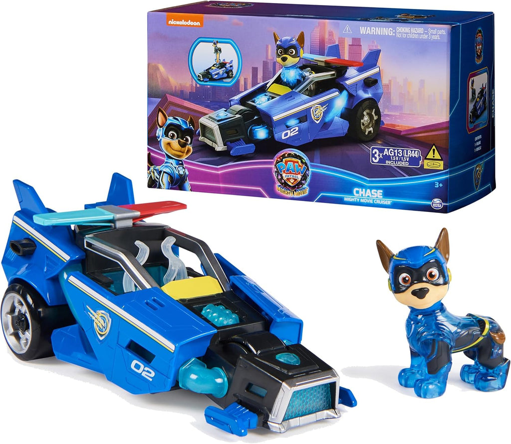 Paw Patrol: The Mighty Movie, auto de juguete con figura de acción Chase Mighty Pups, luces y sonidos, juguetes para niños y niñas mayores de 3 años