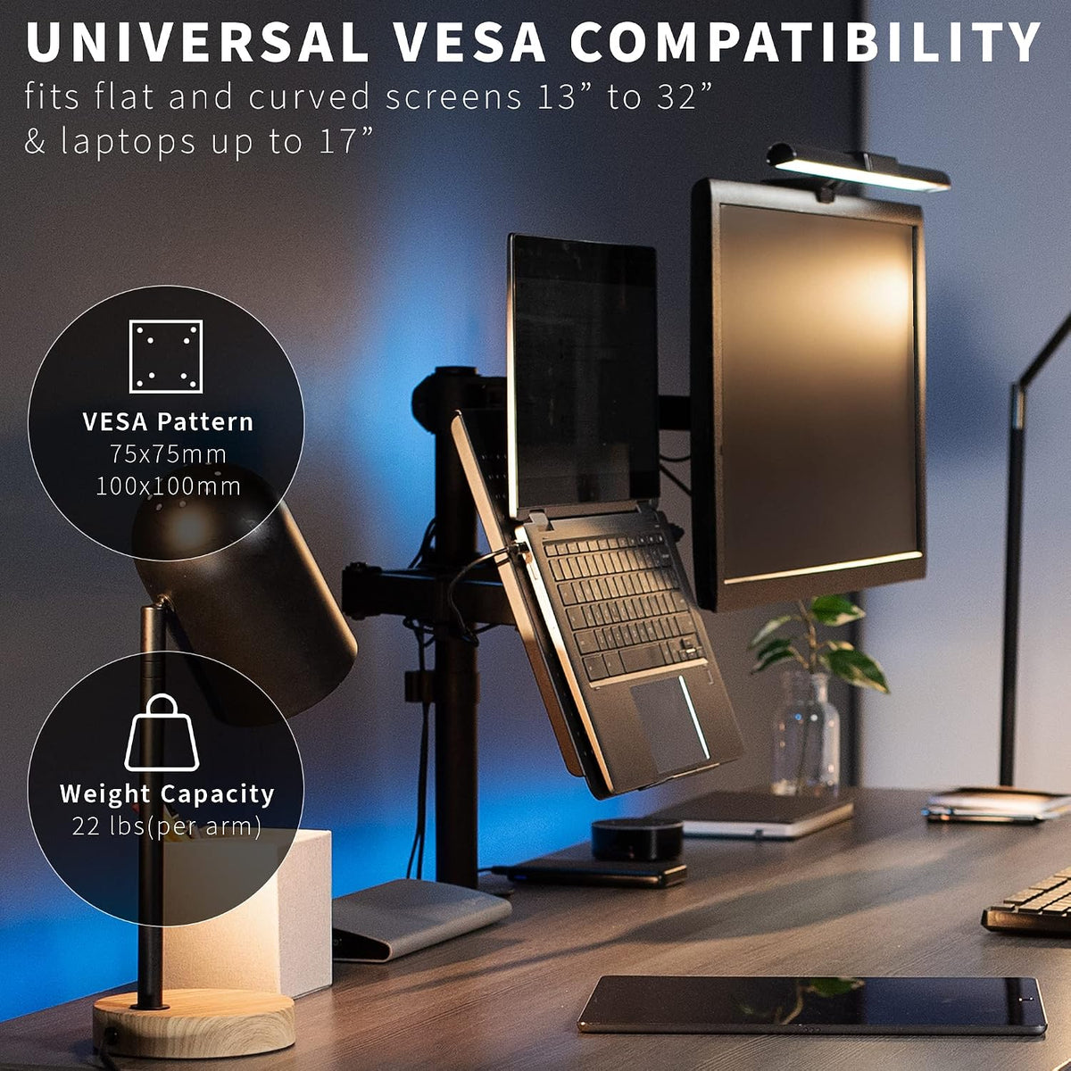 VIVO Negro totalmente ajustable de 13 a 32 pulgadas para monitor de computadora individual y soporte de escritorio para laptop, combinación con opción de ojal, se adapta hasta laptops de 17 pulgadas