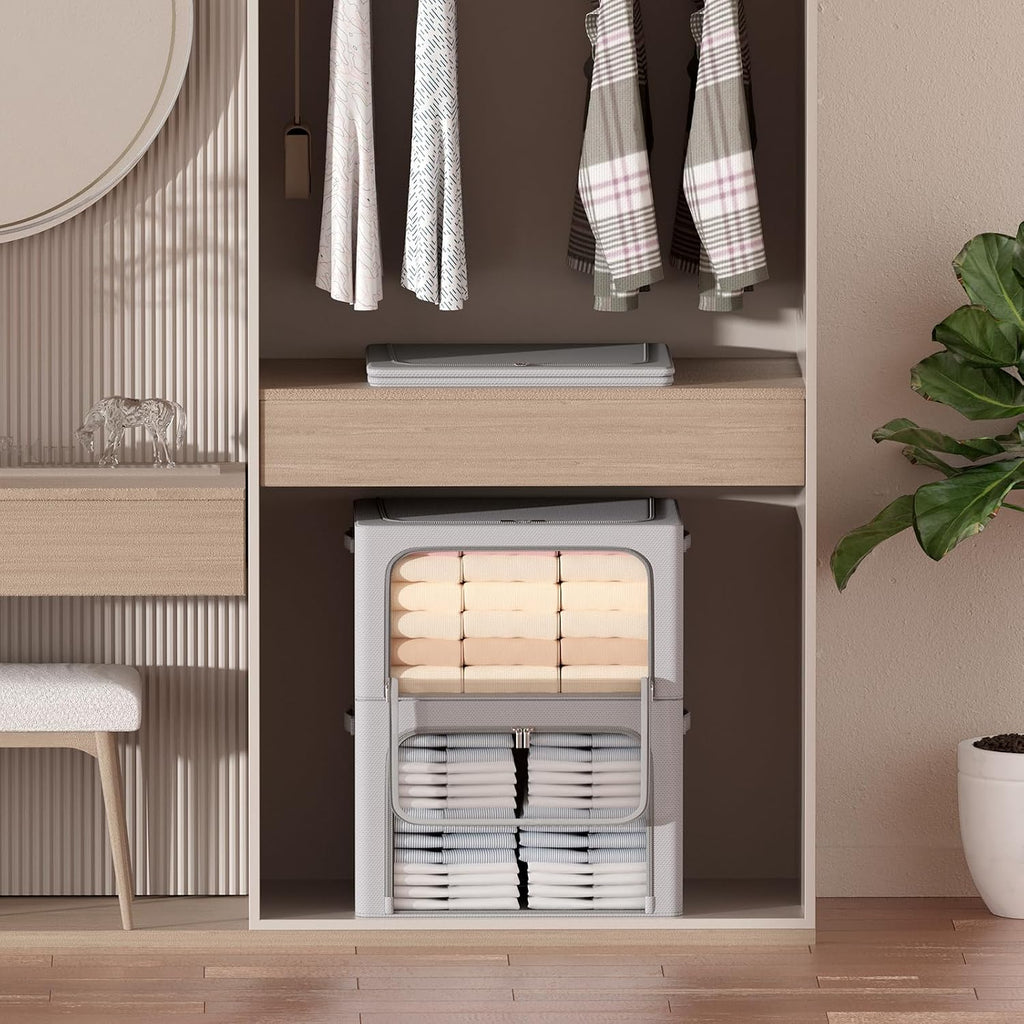 CYhom Paquete de 3 cajas de almacenamiento con marco, bolsas de almacenamiento de ropa, tela Oxford, plegable, apilable, juego organizador con ventana transparente y asas de transporte, gran capacidad (gris, grande, 66 L)