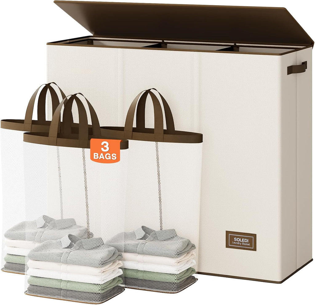 SOLEDI Cesta de Ropa Sucia de 180L de 3 Secciones, Cesta de Ropa Sucia Extra Grande con Tapa, Cesta de Ropa Sucia con Asa Resistente, Organizador de Cesta Grande para Cuarto de Lavado, Dormitorio