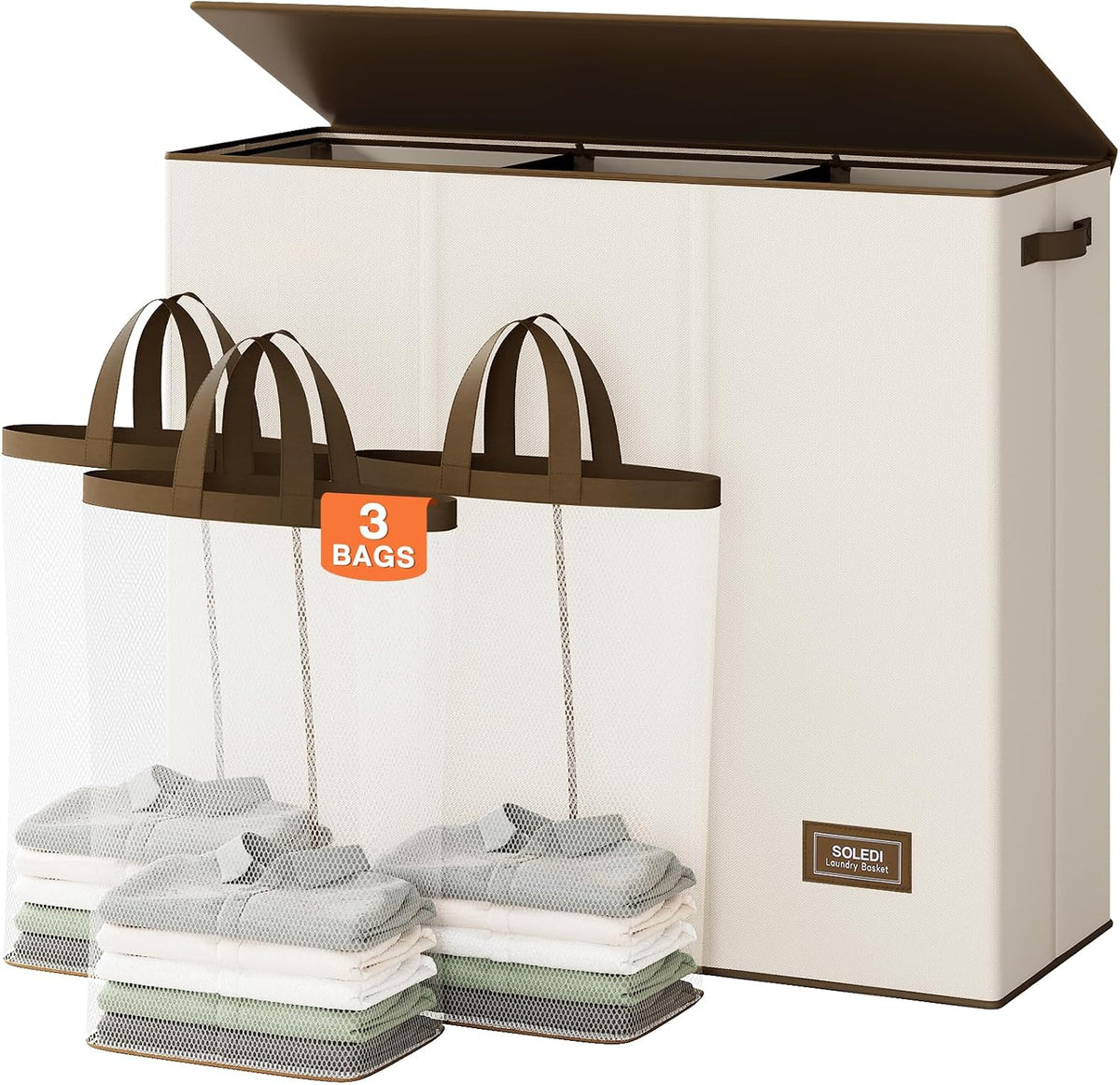 SOLEDI Cesta de Ropa Sucia de 180L de 3 Secciones, Cesta de Ropa Sucia Extra Grande con Tapa, Cesta de Ropa Sucia con Asa Resistente, Organizador de Cesta Grande para Cuarto de Lavado, Dormitorio