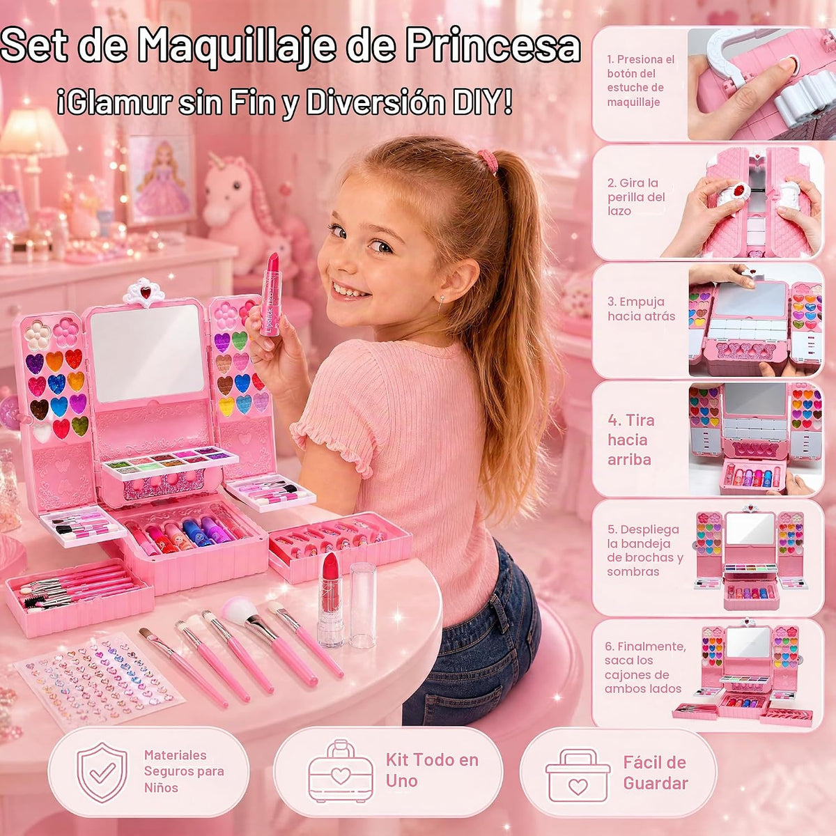 Kit de maquillaje infantil de 75 piezas para niñas, juego de maquillaje de