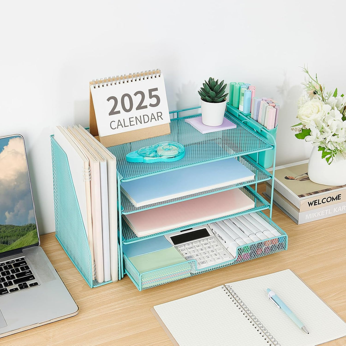 Organizador de escritorio, organizador de archivos de escritorio de 4 niveles con cajón y soportes para bolígrafos, accesorios de escritorio de oficina, clasificadores de archivos, organizadores de espacio de trabajo para suministros de oficina (verde azu
