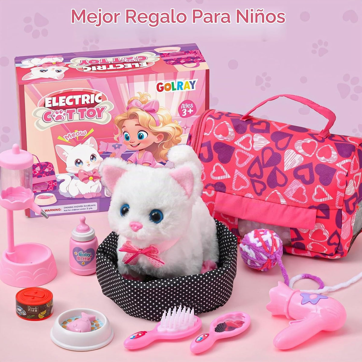 Juguetes de Gato para Niñas, Regalo para Niñas, Juguete de Peluche Interactivo Electrónico que Puede Caminar y Maullar - Juego de 16 Piezas para Transportar y Cuidar Mascotas, Juego de