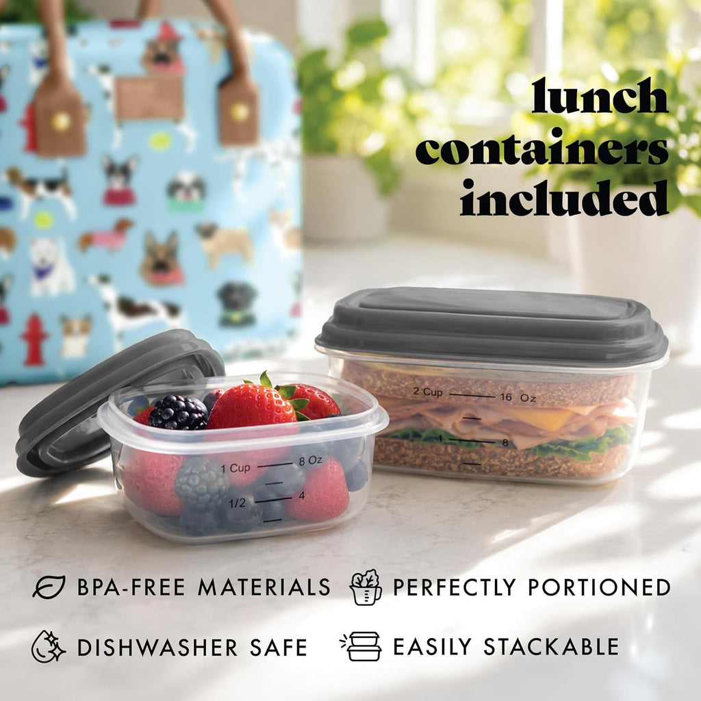 Fit & Fresh Bolsa de almuerzo aislada para mujer, caja grande a prueba de fugas y resistente a las manchas con contenedores, cierre de cremallera, Bloomington, tema de perros