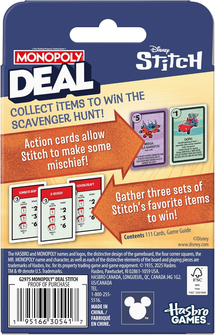 Monopoly Deal Juego de cartas Disney Stitch Basado en