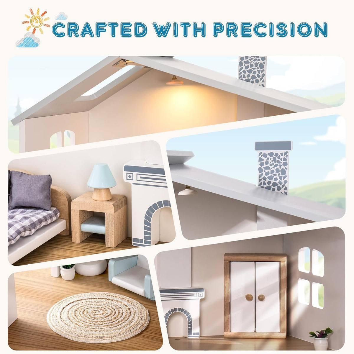 ROBUD Casa de Muñecas, Casa de Muñecas de Madera con 6 Habitaciones, 29 Piezas de Accesorios Realistas, Juego de Casa de Muñecas para Muñecas de 4-6 Pulgadas, Regalos para Niños y Pequeños, Estilo