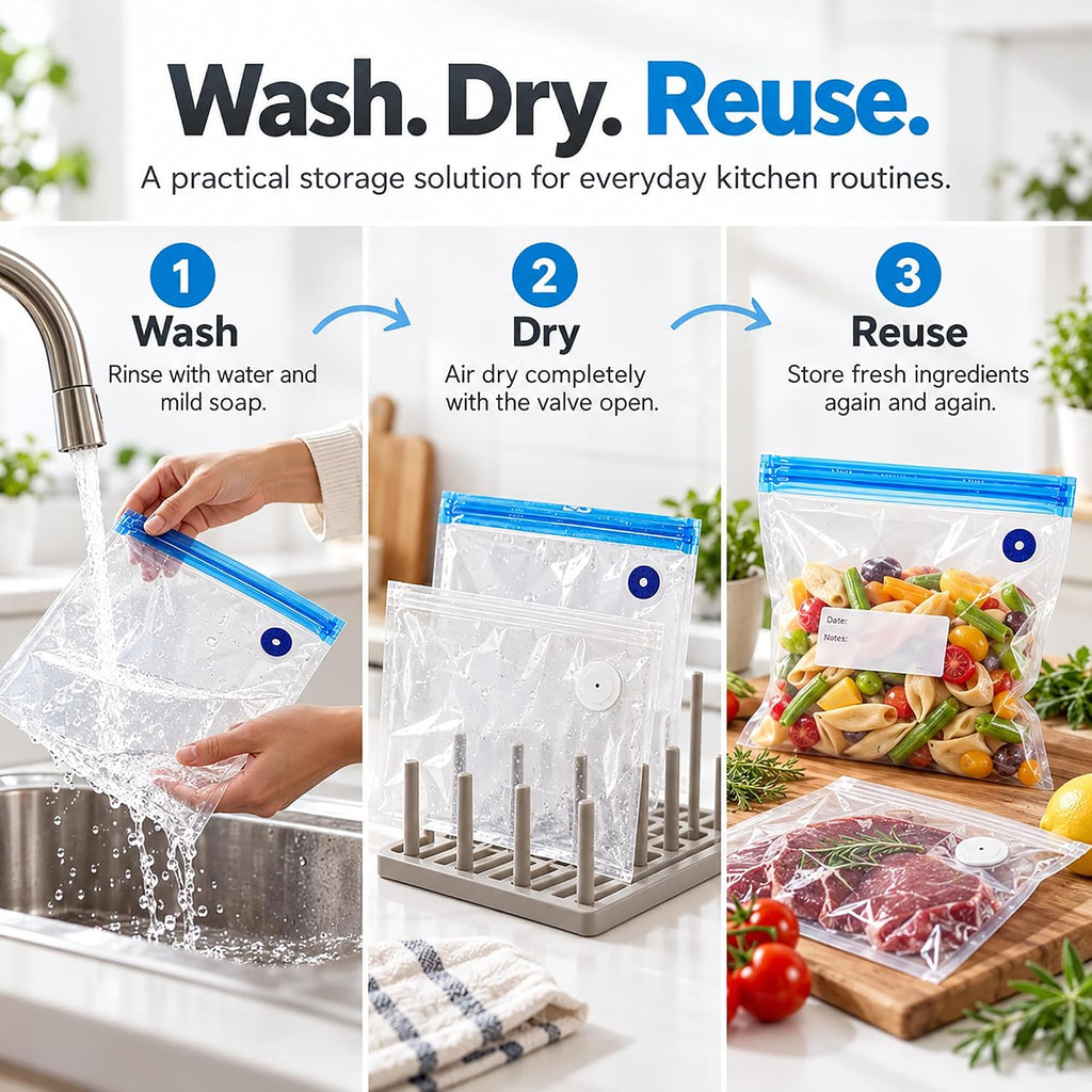 MEGAWISE Paquete de 30 bolsas reutilizables selladoras al vacío, bolsas de almacenamiento Sous Vide sin BPA, 3 tamaños con válvula de aire y doble cremallera, aptas para microondas y congelador, para