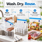 MEGAWISE Paquete de 30 bolsas reutilizables selladoras al vacío, bolsas de almacenamiento Sous Vide sin BPA, 3 tamaños con válvula de aire y doble cremallera, aptas para microondas y congelador, para