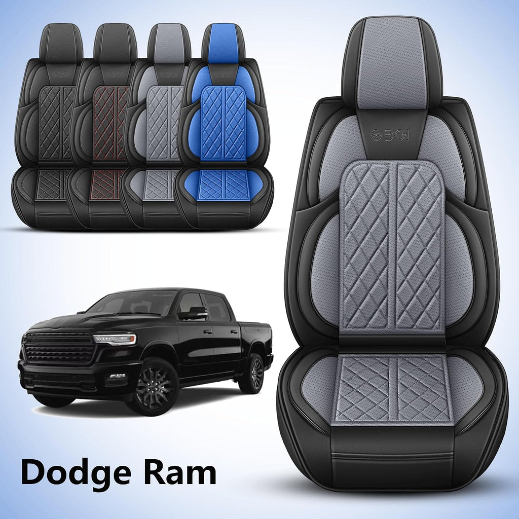 Funda de asiento de automóvil ajuste personalizado para Dodge Ram 1500 2500 3500 2002-2026, juego de fundas de asiento de piel sintética compatible con cojines de cabina regular Crew Quad (negro y gris, juego completo, trasero curvado)