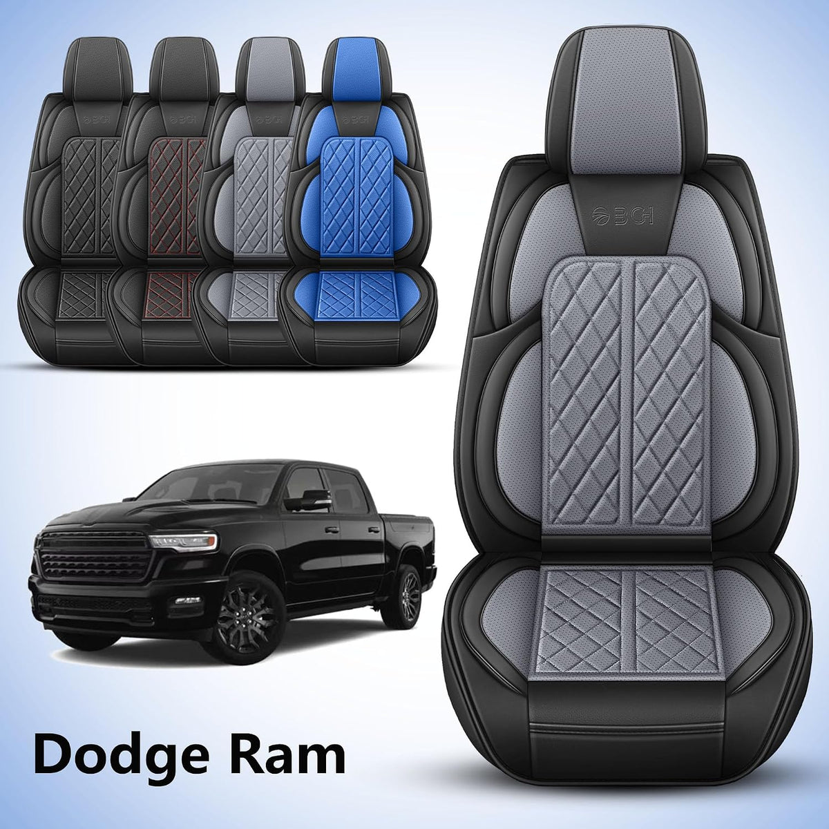 Funda de asiento de automóvil ajuste personalizado para Dodge Ram 1500 2500 3500 2002-2026, juego de fundas de asiento de piel sintética compatible con cojines de cabina regular Crew Quad (negro y gris, juego completo, trasero curvado)