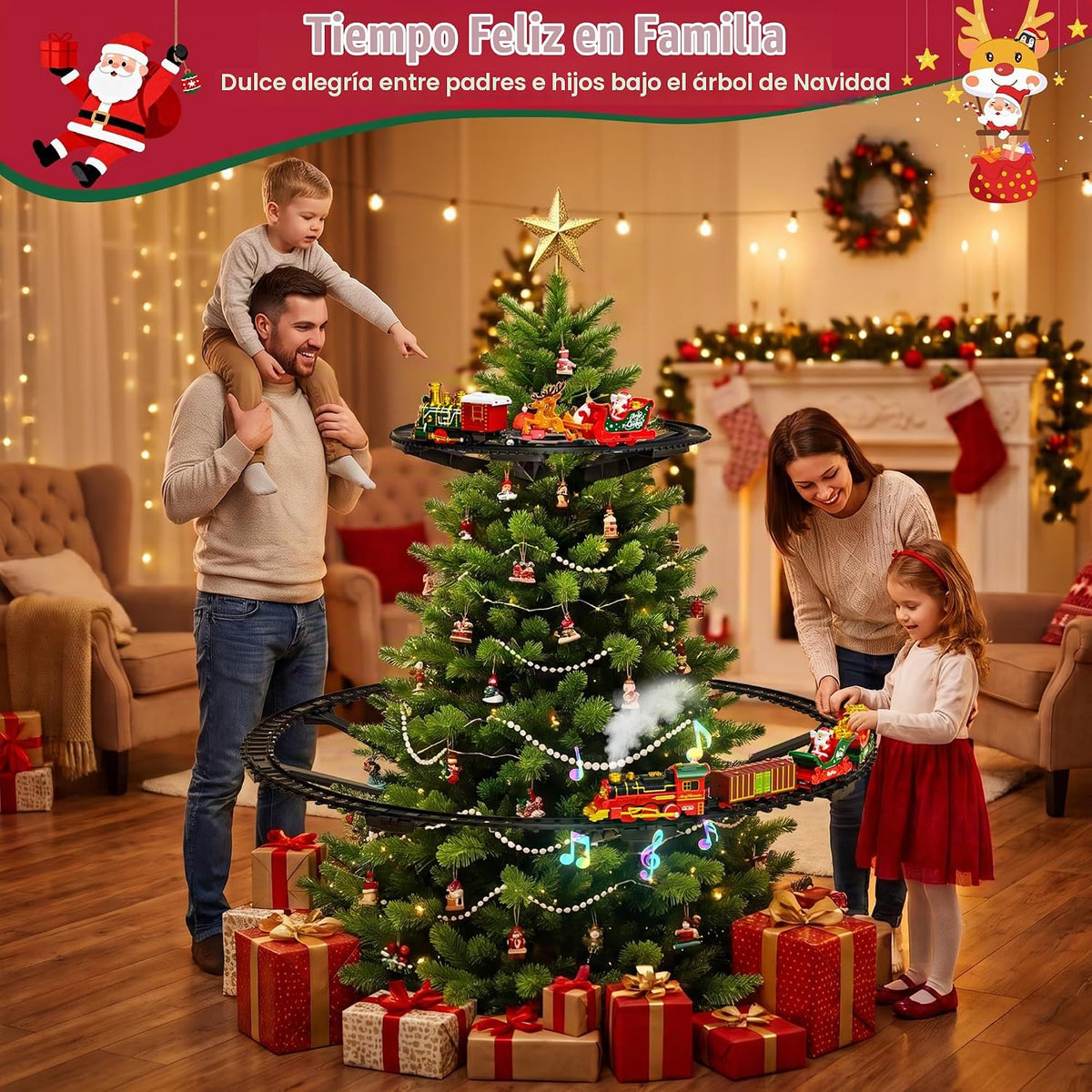 Juego de tren colgante para árbol de Navidad, tren de juguete de 2 niveles